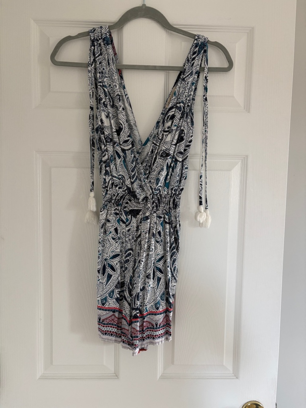BeBop White Paisley Print Romper with Blue and Red Accents